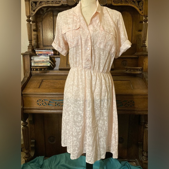 Vintage 80s sheer patterned shirt dress chest pockets size 10 - Picture 1 of 9